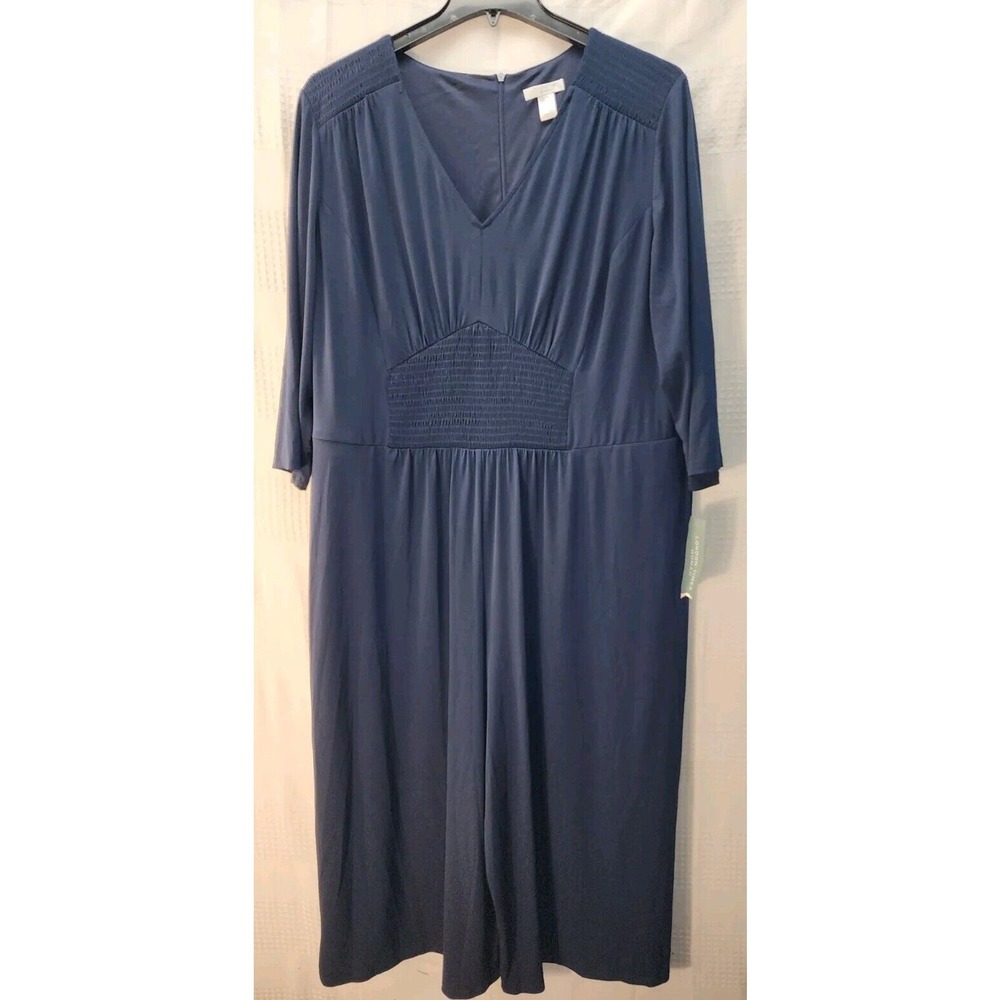 London Times Romper Womens Plus Size 22W Navy Blue Capri Jumpsuit Stretch 1061